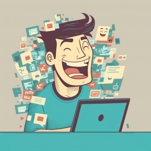 illustration of a person receiving online information from various sources feeling happy